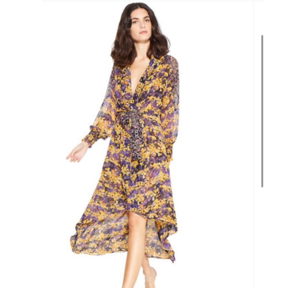 MISA Los Angeles Floral Wrap Dress Purple & Yellow Print Smocked Cuff.  
Medium
